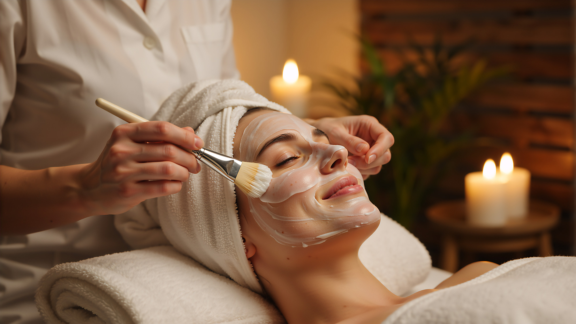 A treatment mask being applied during a facial