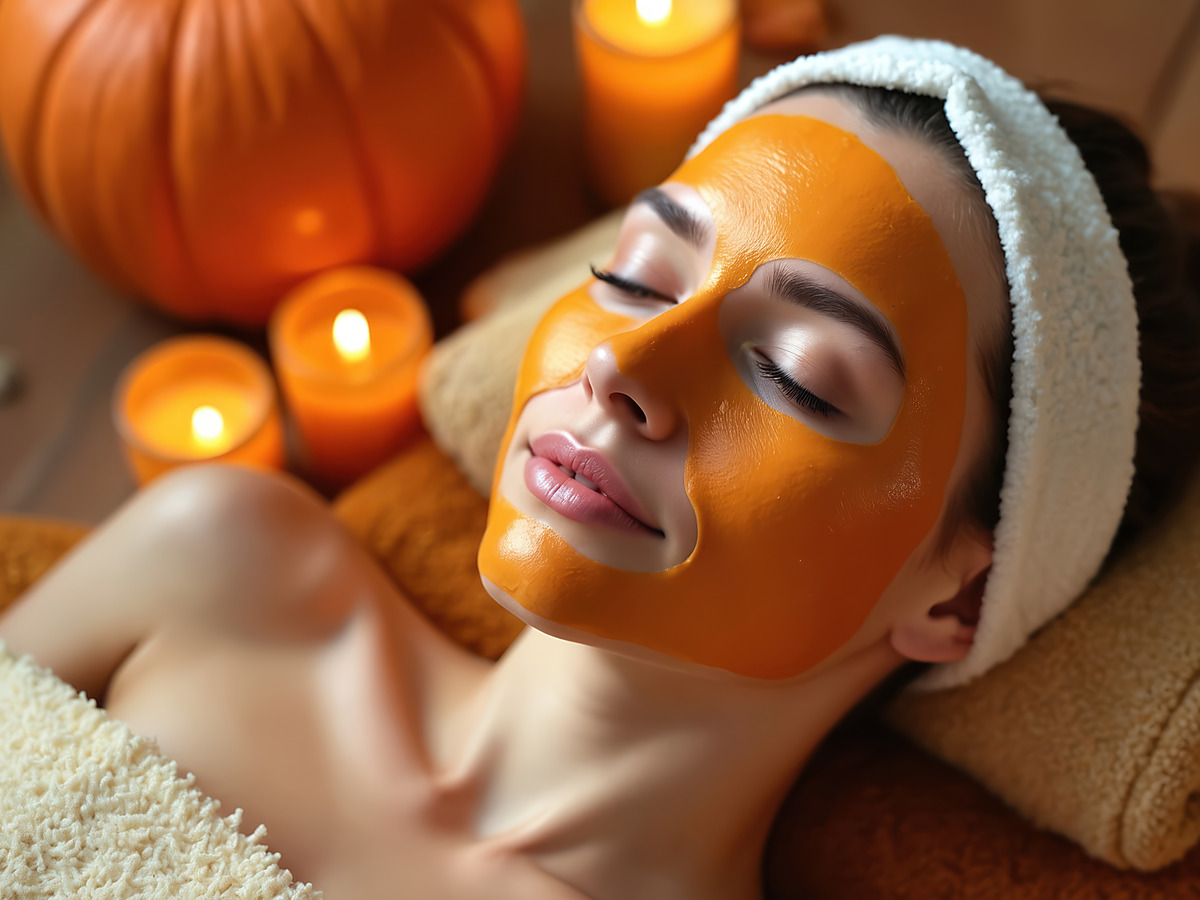 A pumpkin facial mask during a treatment, with small pumpkins and candles beside the bed