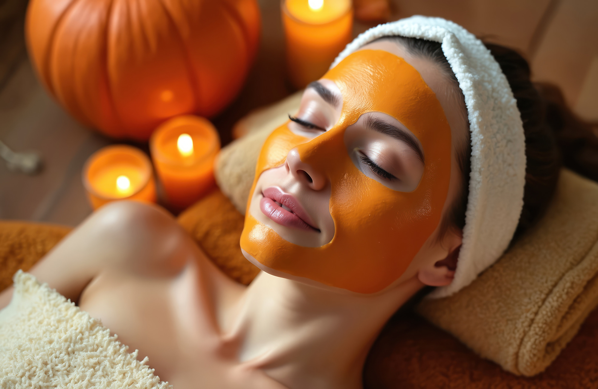 A pumpkin facial mask during a treatment, with small pumpkins and candles beside the bed
