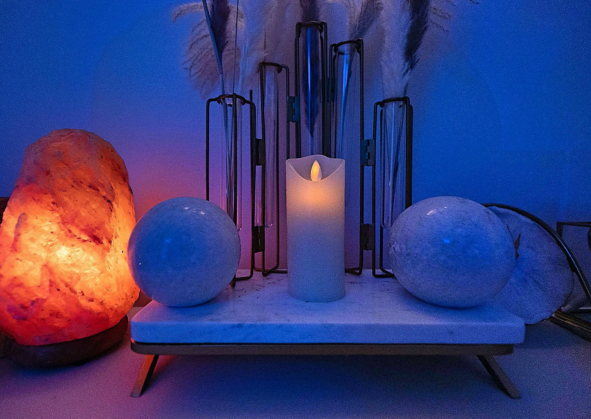 Salt lamp and selenite in a treatment room at Lux Eternal Spa